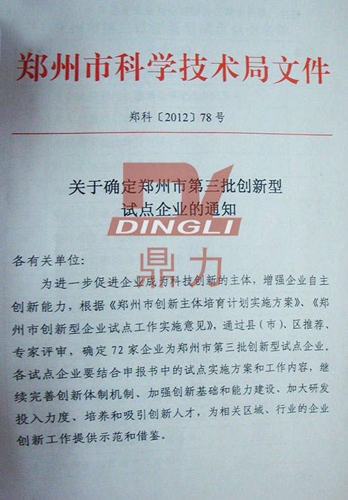 新型試點企業證書